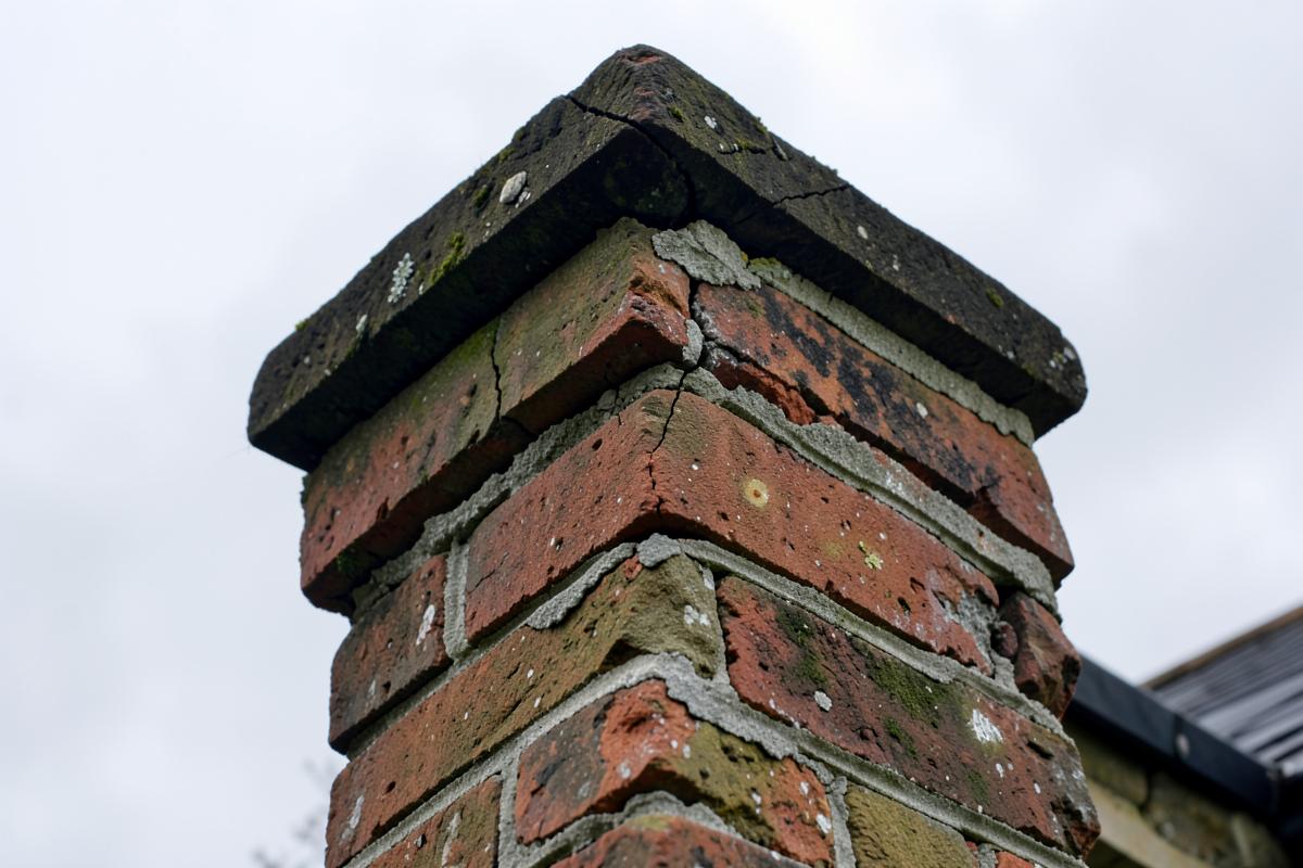 Cracked chimney crown and weathered mortar joints